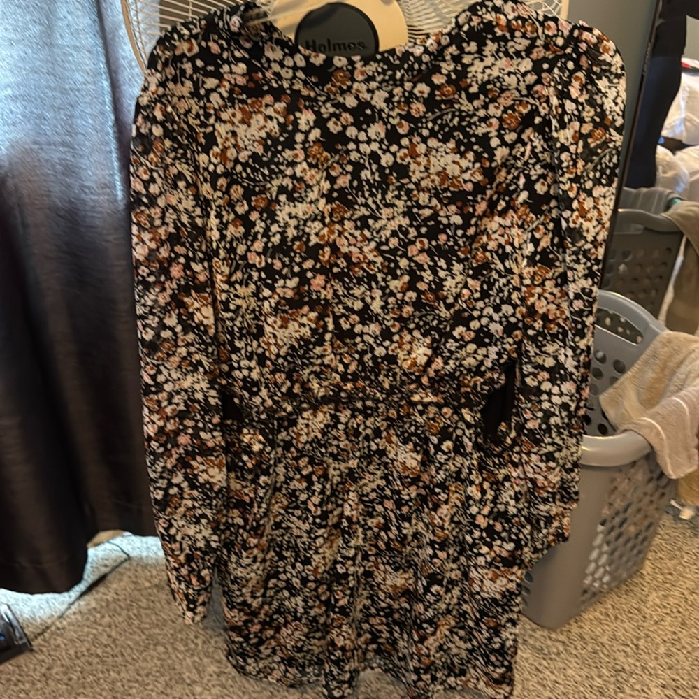 Black long sleeve floral print cutout mini dress